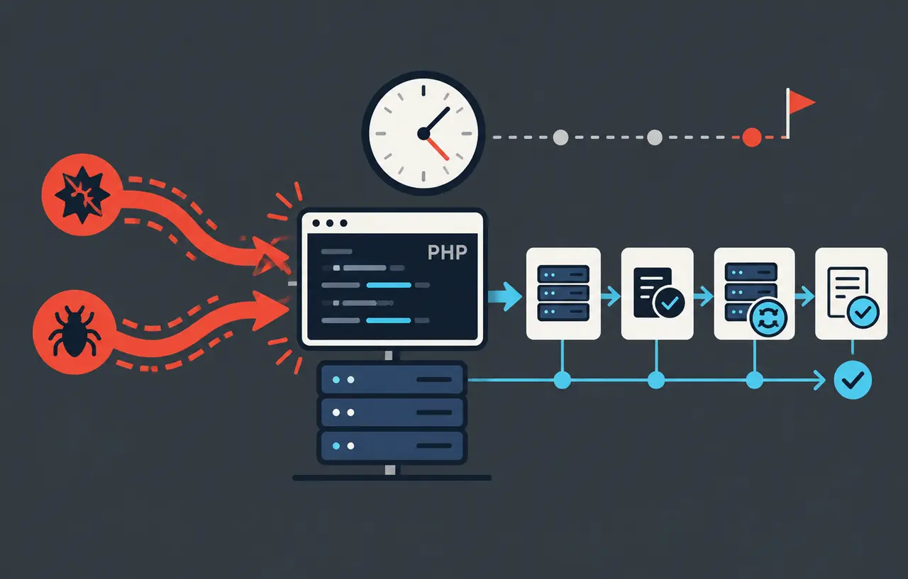 PHPを狙う2件の重大脆弱性と修正版公開前の棚卸し 検証 段階更新を時計と配備工程で示すフラットデザイン
