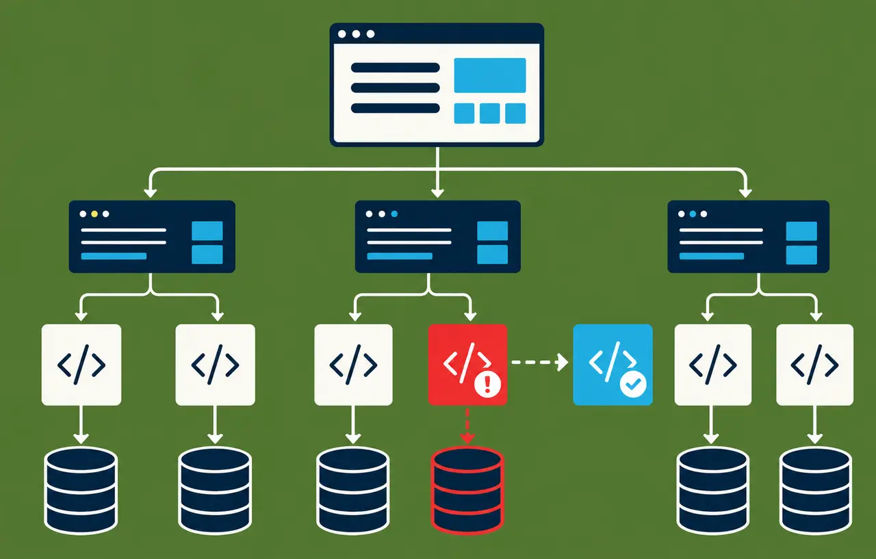 Webアプリからミドルウェアとデータベースへ連なる依存関係の中で未修正の部品を更新する様子を示すフラットな概念イラスト