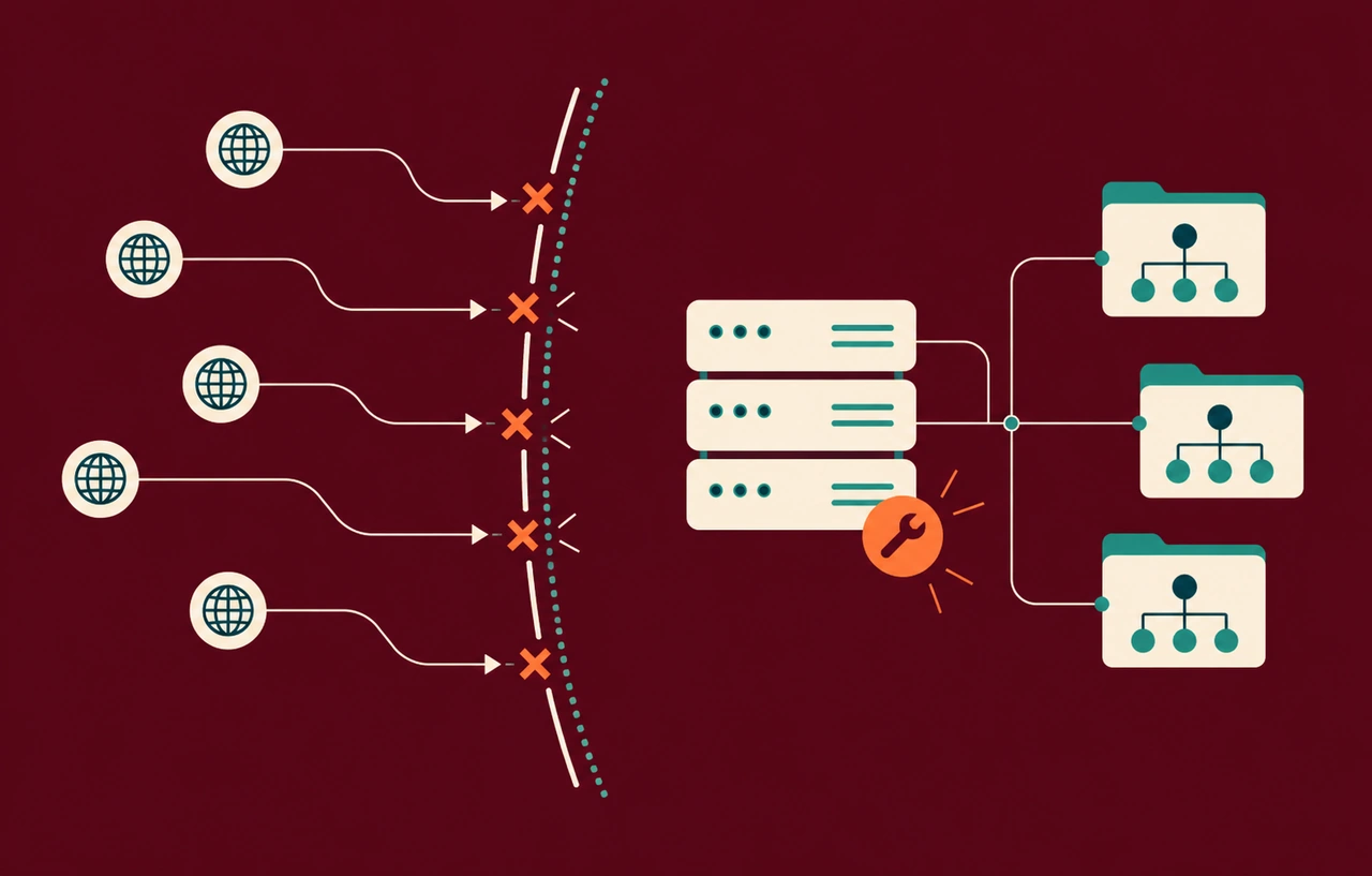 DNSへの問い合わせと更新したサーバーの境界をえんじ色背景で表したフラットな概念イラスト
