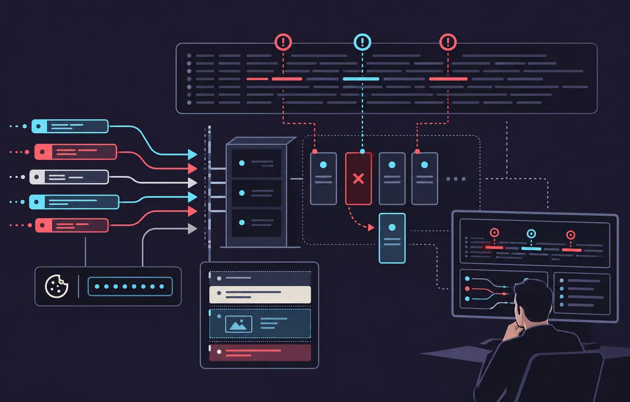 PHPのWeb要求とログを時系列で照合し異常終了したワーカーを調査する概念イラスト