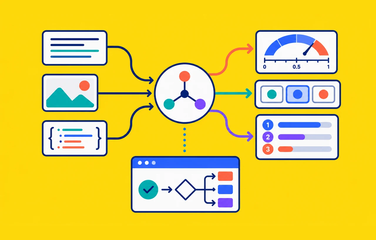 テキスト・画像・JSONの入力を確率判定・固定選択・段階評価へ分け、検証後にWebアプリへルーティングする概念イラスト