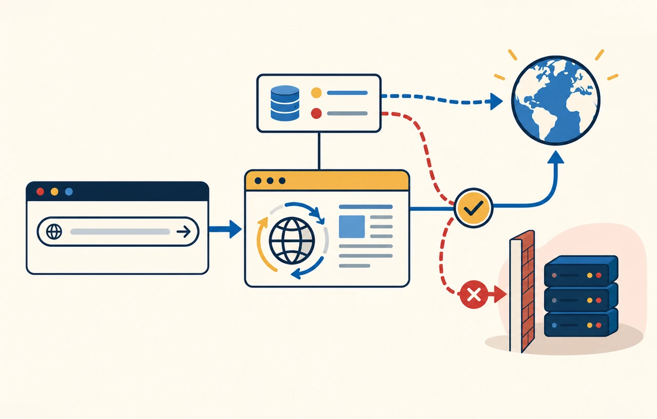 Web取得サービスのDNS検査と接続先を対応付け、内部サーバーへ向かう迂回経路を遮断する概念イラスト